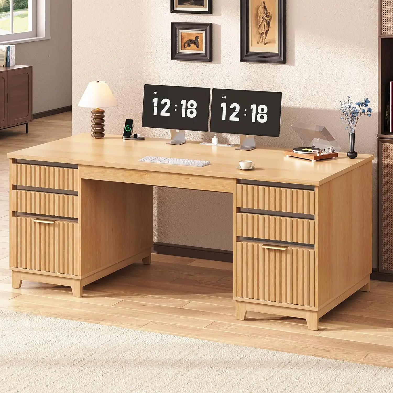 55.1" Fluted Office Desk with 6 Drawers, Modern Executive Desk with Acrylic File Drawers, Computer Desk with Power, Customized