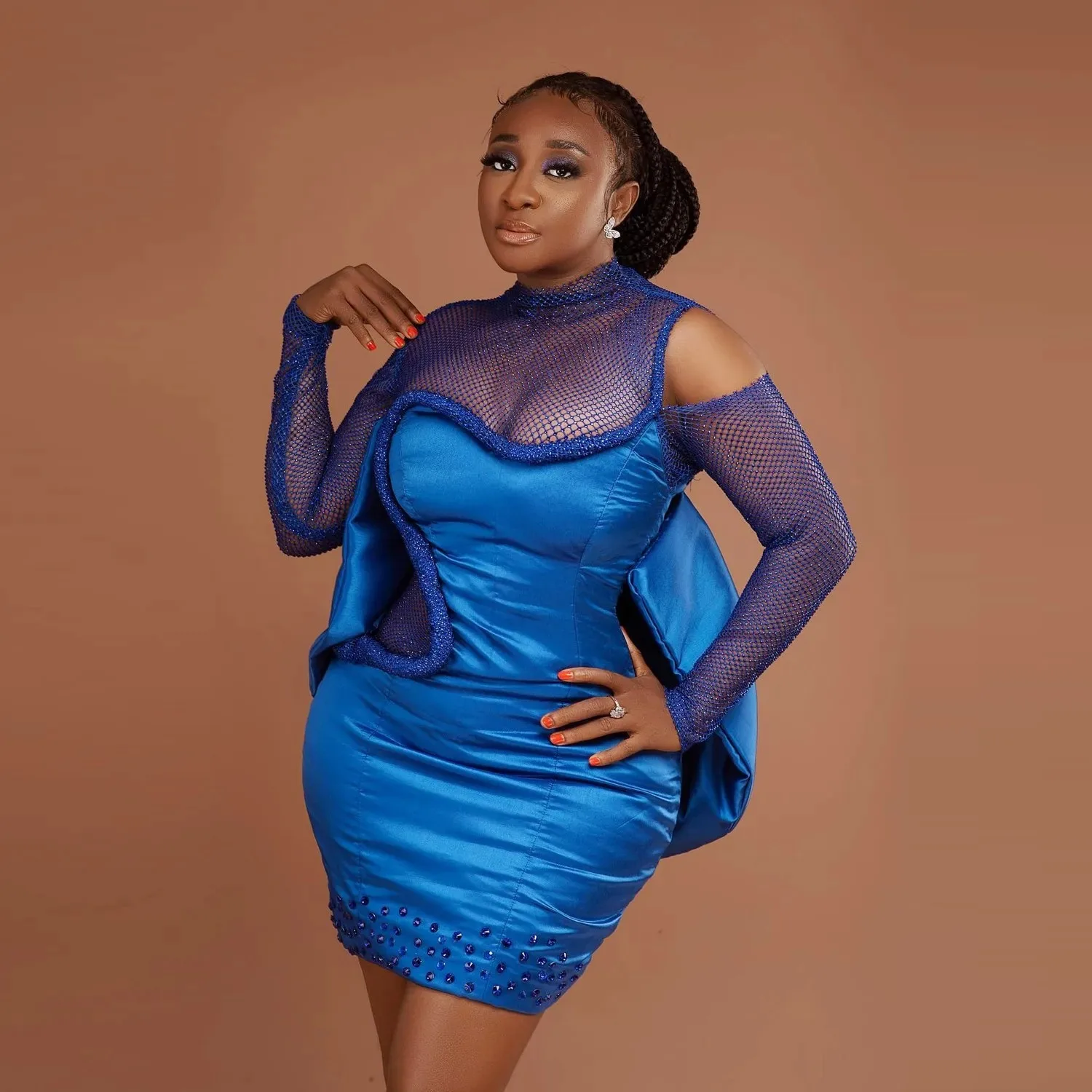 Custom Plus Size Blue Mini Prom Dress 2026 Mesh Patchwork Long Sleeve Evening Gown Sexy Cocktail Party Birthday Dress for Women