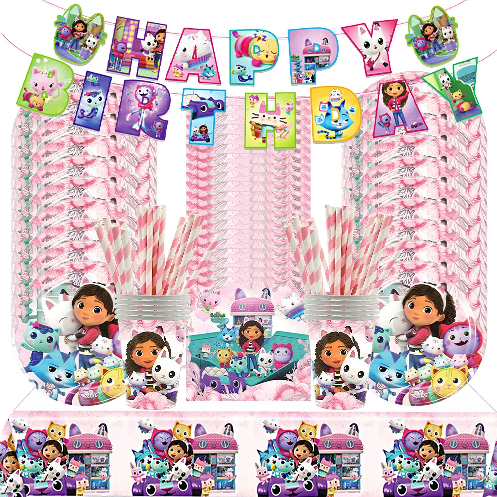 86-teiliges Gabby Dollhouse Geburtstags-Tischgeschirr Cartoon-Katzen-Mädchen Einweg-Teller-Becher-Servietten-Set für Kinder Mädchen Partyzubehör