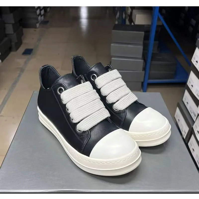 

New leather low top thick soled men's thick shoelaces casual shoes for couples, fashionable trendy shoes for women's flat shoes