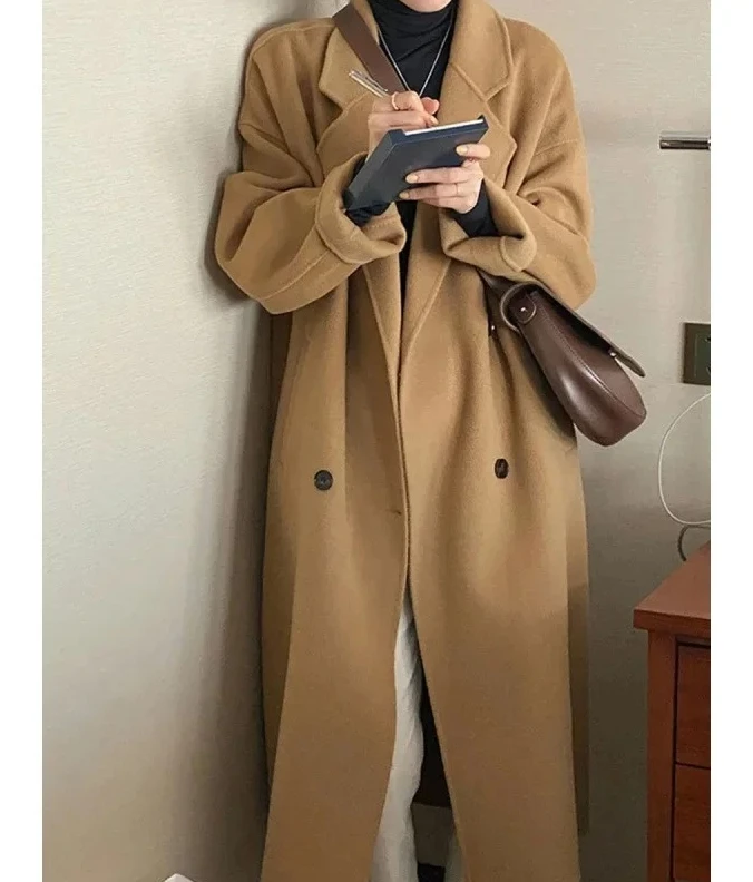 Estilo coreano cinza dupla face cashmere casaco de lã feminino comprimento médio outono inverno nova moda tamanho pequeno