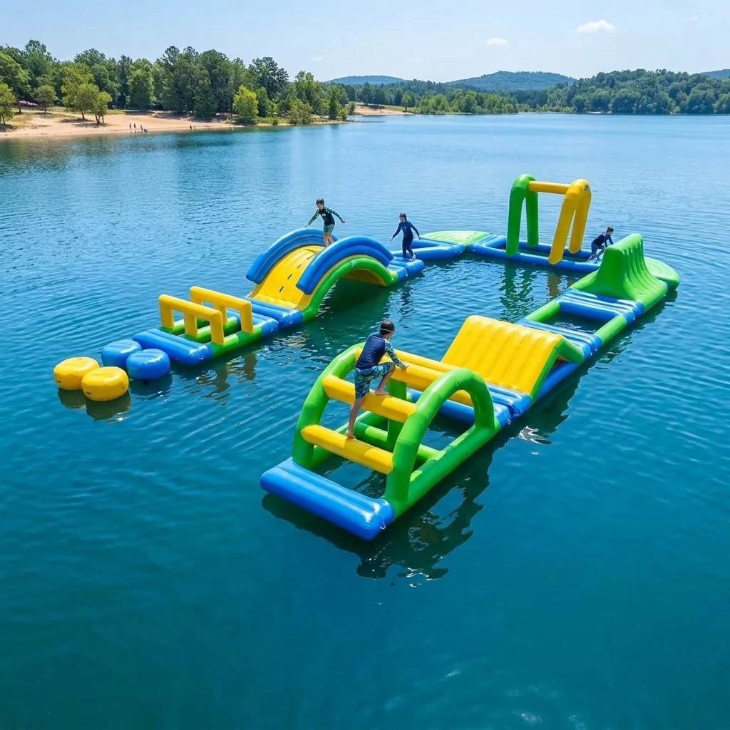 Inflatable Obstacle Course, Water Park Float Combo, Amusement Climbing, Floating Water Slide, Inflatable Waterpark 9m*15m