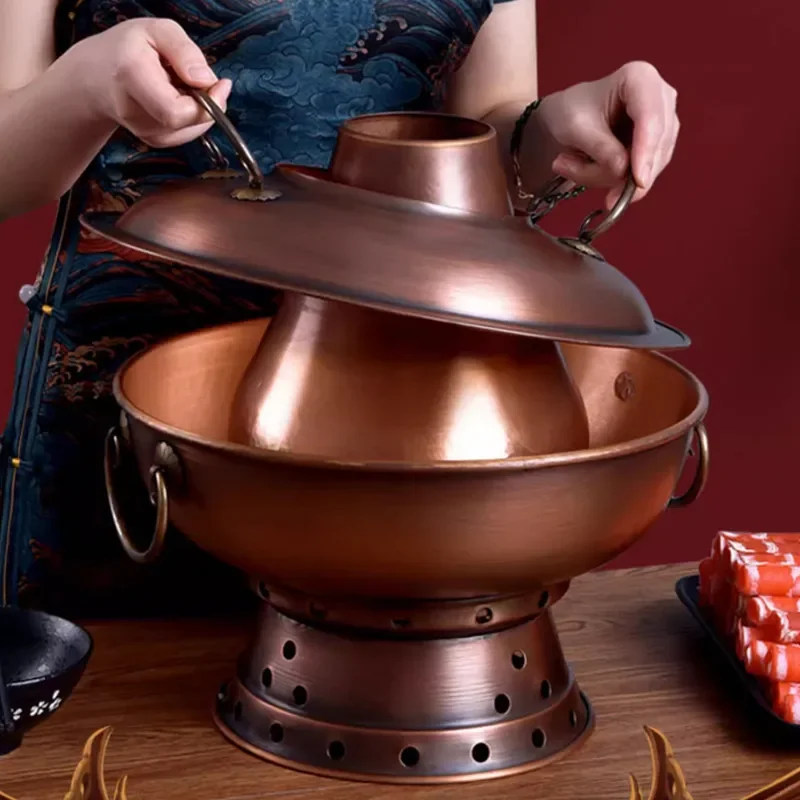Handmade Red Copper Hot Pot Thickened Pure Copper Shabu Meat Cookware Retro Beijing Style Charcoal Stove Mandarin Duck Pot