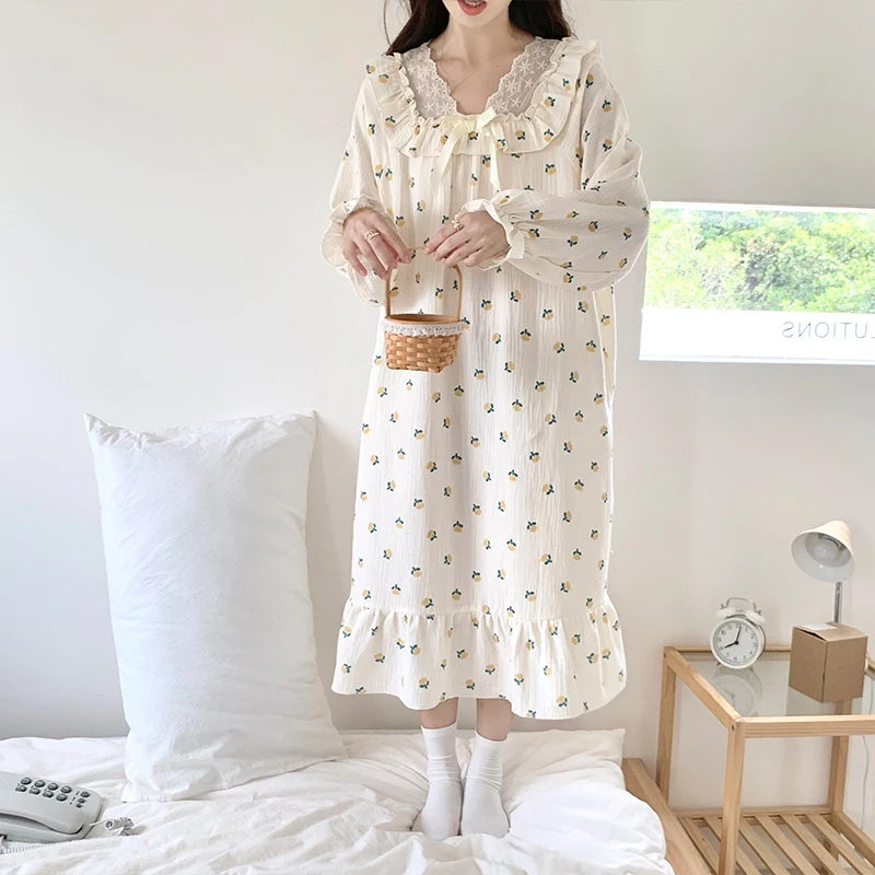 Kawaii Nightgowns Women Prairie Chic Sweet Comfortable French Style Homewear Lace Long Sleeve Spring Youthful Daily Aesthetic