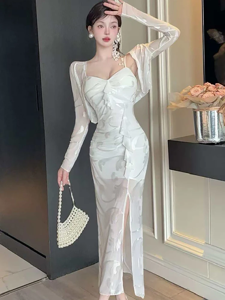 Nowy różowy kwiatowy komplet: seksowna długa sukienka na ramiączkach z siateczki + bluzki, dwuczęściowy zestaw damski, elegancki, dopasowany, na wiosnę i lato, casualowy komplet sukienek.