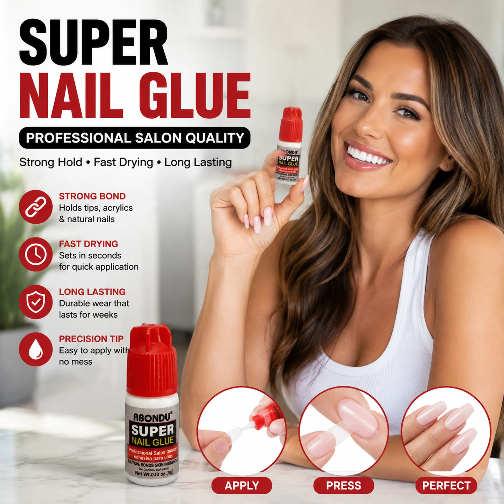 Super Nail Glue Professional Salon Quality, Fast Drying Strong Hold Nail Adhesive for Acrylic Nails Fake Nail Tips Press On Nails, Long Lasting Secure Bond Nail Glue for Home DIY Salon Nail Art Repair, Quick Dry Mini Travel Size Nail Bond Glue 3g