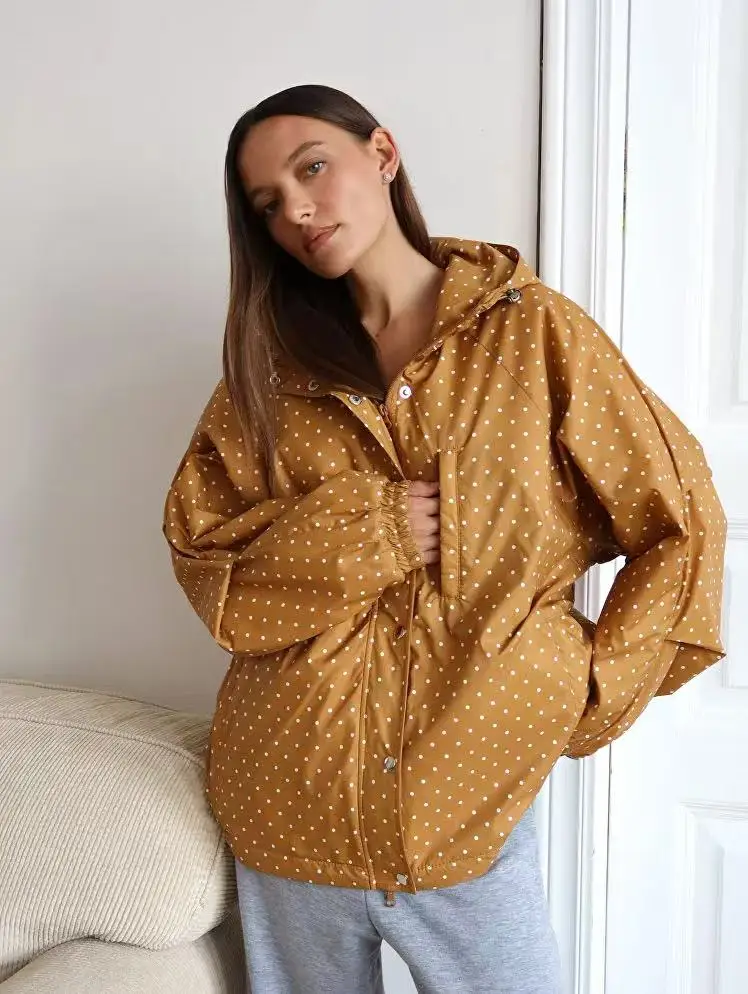 New Women Polka Dot Hooded Jacket Long Sleeved Trench Coats Lady Loose Casual Zipper Access Control Jacket Spring Autumn Female