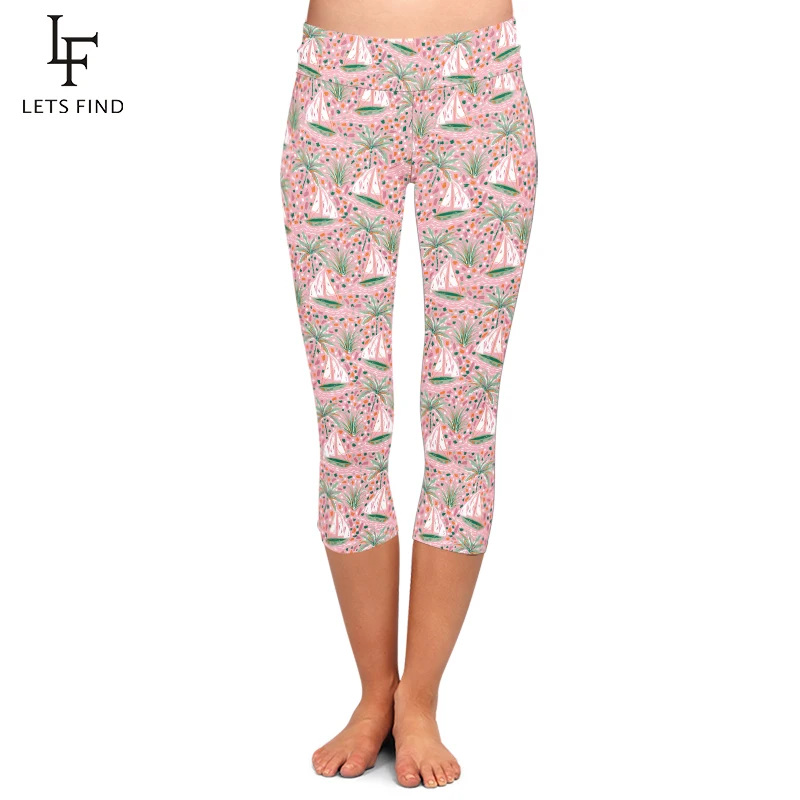 

LETSFIND High Waist Women Fitness Stretch Capri Leggings Summer 3D Sailboats and Palm Tree Print Sexy Slim Mid-Calf 3/4 Pants