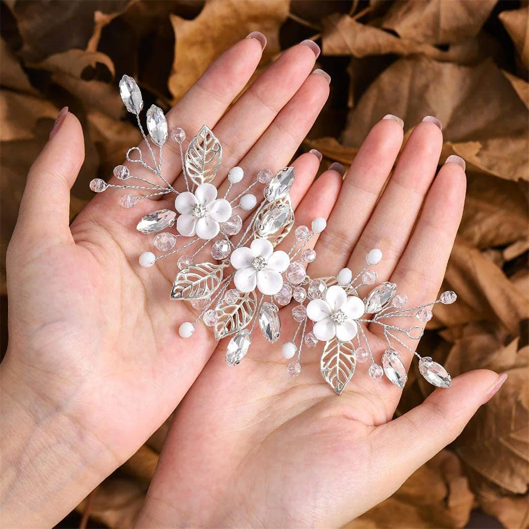 Ornement de cheveux de mariage de mariée coréenne, feuilles d'argent, fleurs blanches, coiffure faite à la main transfrontalière, fleurs de cristal de perle