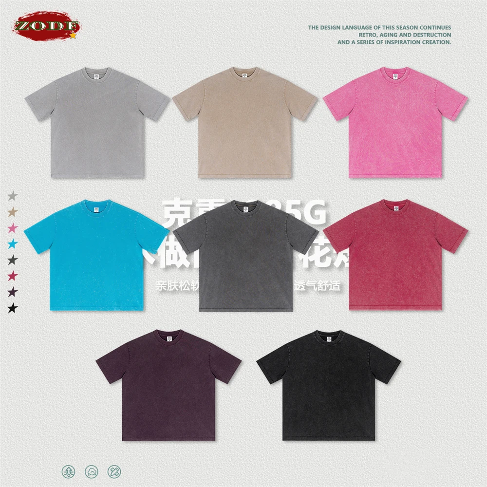 ZODF Retro 2025 Summer Men Double Washed 285gsm Cotton T-shirt Unisex High Street Oversized Batik Distressed T Shirts Tee HY0989