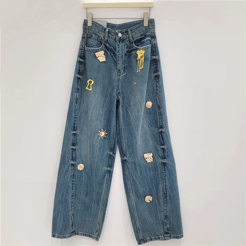 

2026 Spring New Women's Jeans American Fashion Washed Splicing High Waist Metal Pins Decoration Loose Wide Leg Denim Pants