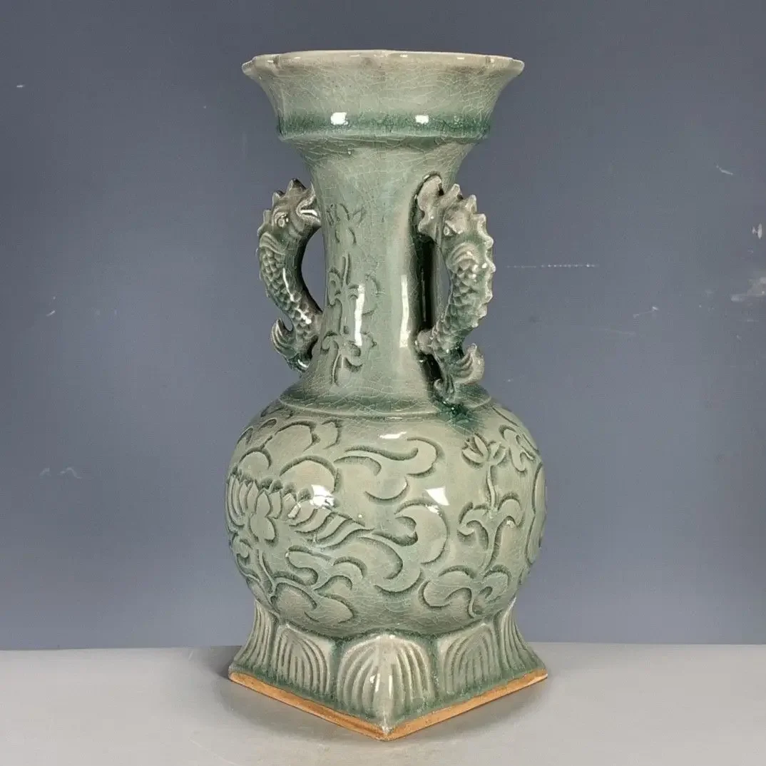 Chinese Porcelain Antique Song Dynasty Soil Stain Crackle Four Seas Peace Fish Turn Into Dragon Ear Vase Ornaments