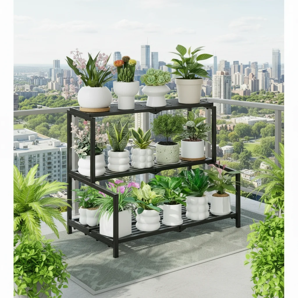 Mobile Metal Flower Stand Rectangular Floor-standing Three-Layer Multifunctional Indoor Outdoor Living Room Storage Rack