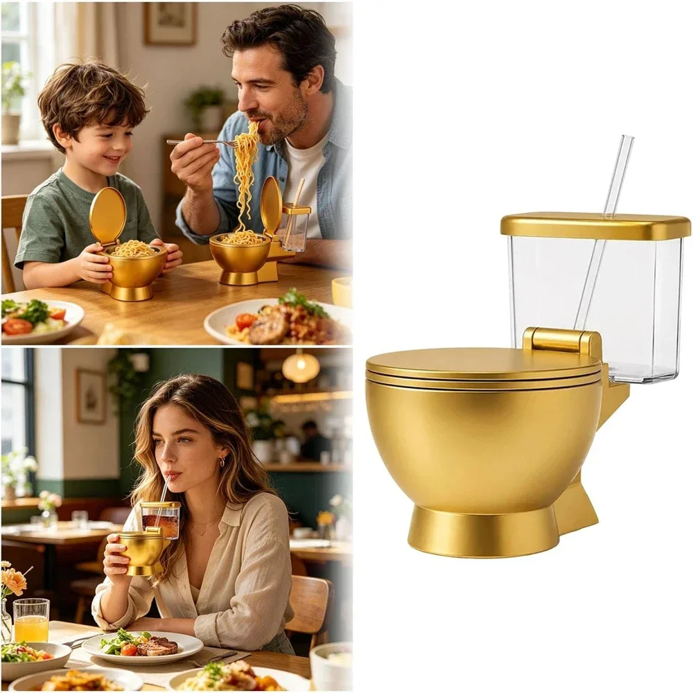 Toilet Shape Ramen Bowl Set, Built-in Cup and Straw, Novelty Food Bowl for Noodles Soup Snacks