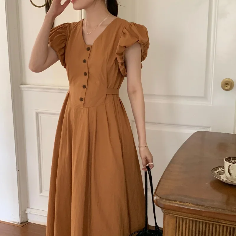 

Korean V-neck Single Breasted Pleated Dress 2023 Casual Flying Short Sleeve Dress Sweet Solid High Waist Ruffle Belt Dress 27667