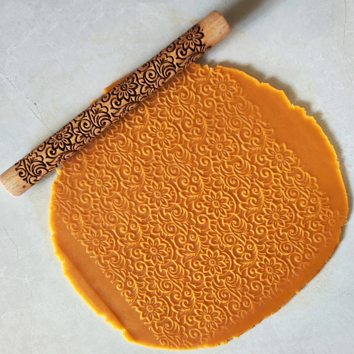 ‌Handcrafted Beechwood Rolling Pin with Seamless Floral Embossing  Timeless Baking Heirloom for Cookies  Clay & Thoughtful Gift