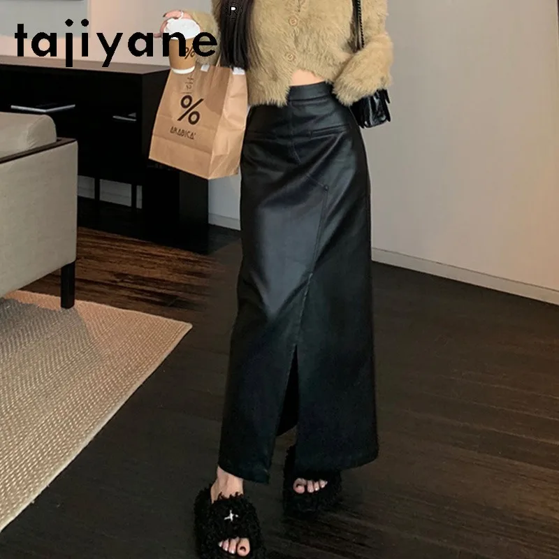 TAJIYANE Genuine Sheepskin Leather Skirt High Slit Women's Skirts Ankle-Length Maxi Skirt for Women Black Skirt Spring 2026 Юбка