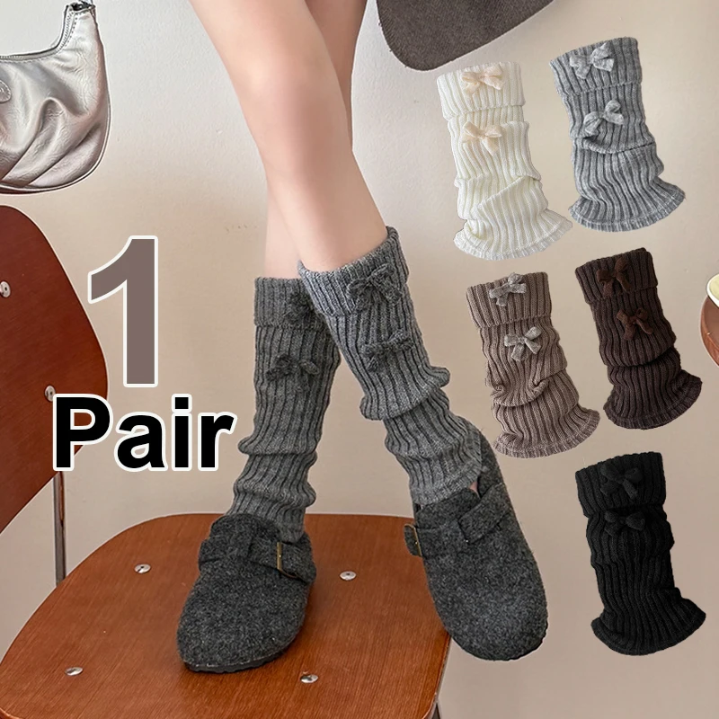 1 Pair Of Sweet Solid Color Sock Thick Warm Retro Forest Knit Calf Leg Covers For Women Autumn Winter Yarn Bowknot Stacked Socks