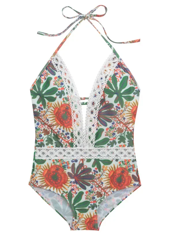2025 new one-piece swimsuit women lace lace lace print bath hot spring swimming senior sense conservative teenage swimsuit