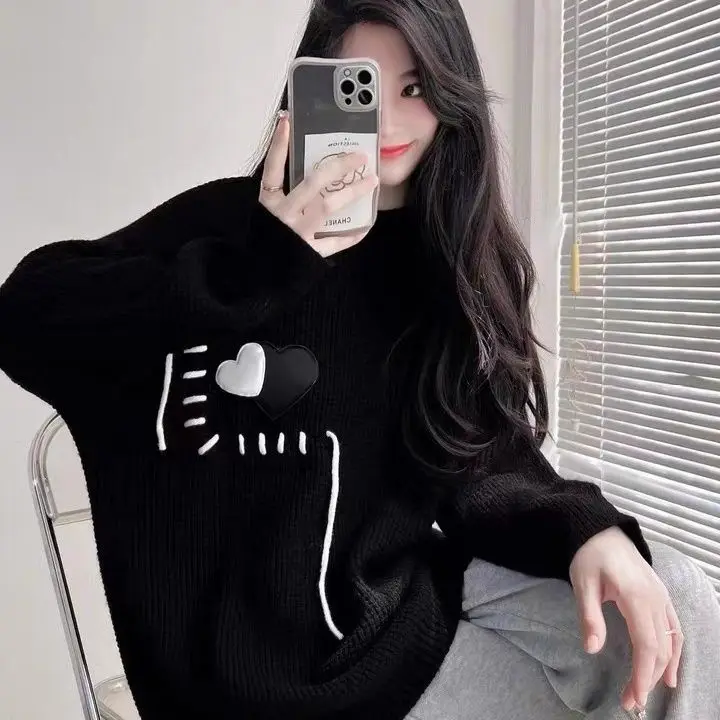 Fashion Pullover Love Autumn and Winter Women Loose Hand sewn Sweaters Foreign O Neck Casual Women Knitwear Sweater Female Top