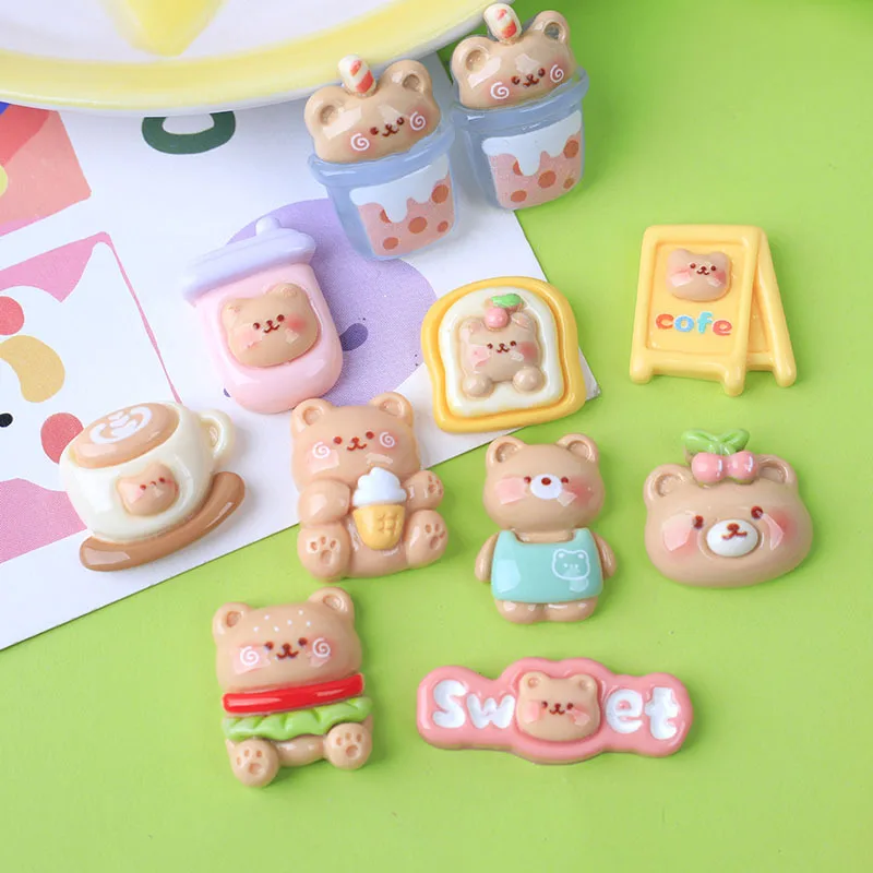 100pcs New Cute Cartoon Milk Tea Coffee Cake Bear Flat Back Resin Cabochons Scrapbook Diy Wedding Hairpin Accessories Craft