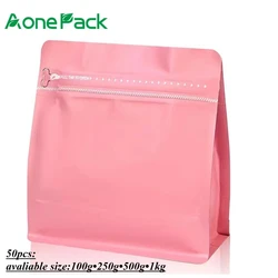 50pcs Custom Frosted Flat Bottom Food Grade Matt Pink Coffee Cookie Spice Powder Packaging Zipper Plastic Mylar Bag With Logo