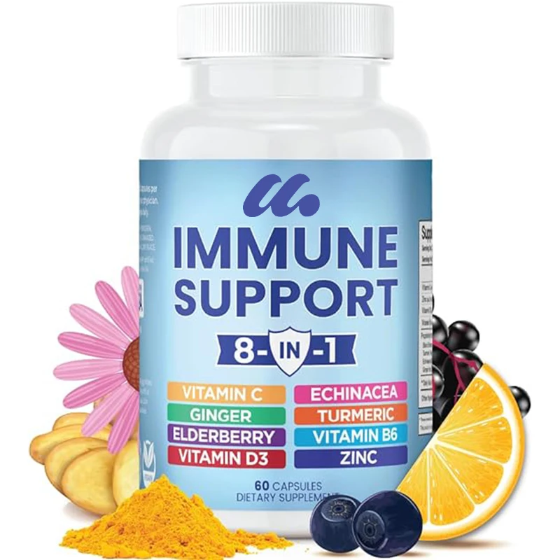 

8-in-1 immune supplement containing echinacea, vitamin C and zinc, vitamin D, turmeric, curcumin and ginger, B6, elderberry