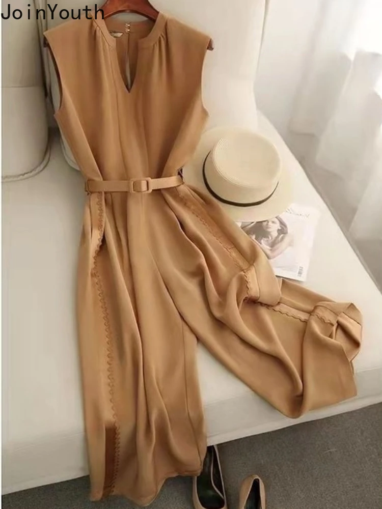 Mùa Hè Jumpsuit Thời Trang Thanh Lịch Quần Ống Rộng Rompers Nữ Bodysuit Tất Ôm Eo Cổ Chữ V Nhảy Phù Hợp Với Vintage Hàn Quốc Playsuit