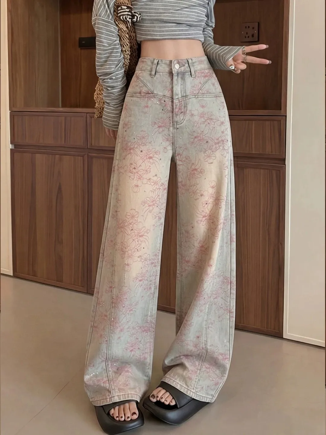 

Summer 2026 High Waist Wide Leg Jeans Floral Print Rhinestone Embellished Casual Loose Fit Floor Length Pants Women's Fashion