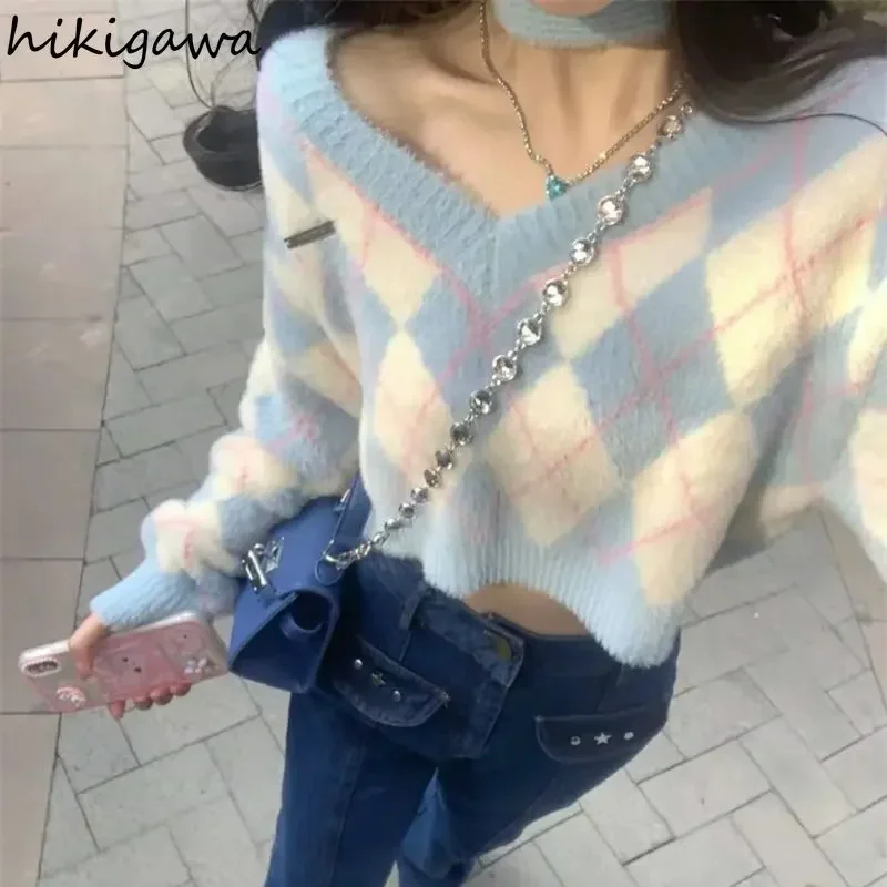 Cropped Pullovers Women Sueter Mujer V-neck Long Sleeve Plaid Pull Femme Y2k Clothes Tops Fashion Knitted Korean Sweater Jumper