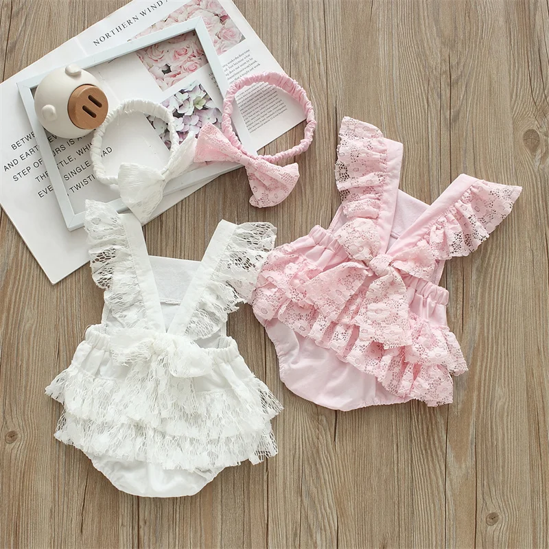 

Infant Lace Bodysuits Fly Sleeve Ruffles Princess Newborn Baby Girl Clothing Set Jumpsuit + Headbands