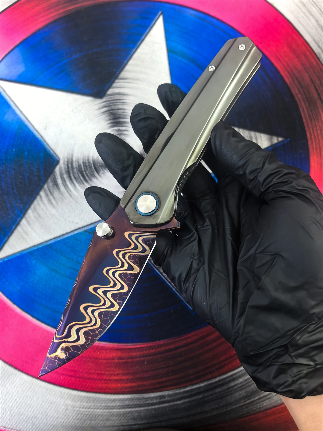 Copper Damascus Steel Folding Knife Zirconium Alloy Handle Bearing Outdoor Camping Fishing Hunting Defense EDC Tool