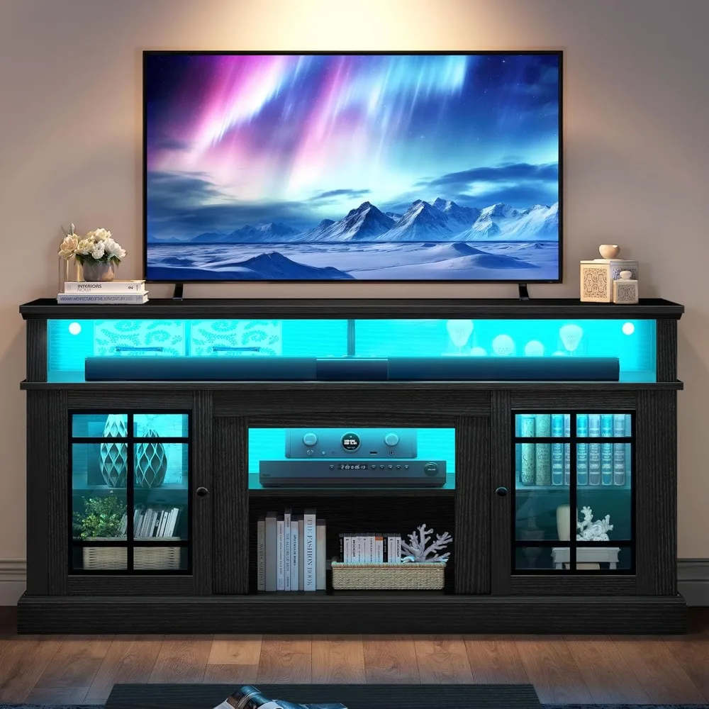 

LED 75 Inch TV Stand with Adjustable Shelves and Glass Doors, 32'' Tall Television Stands TV Media Console Table