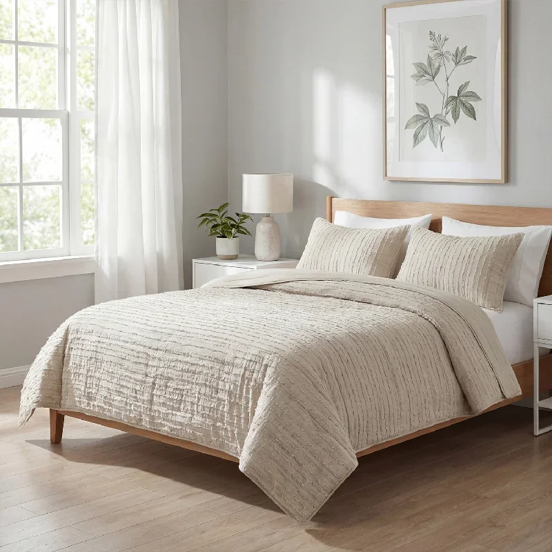Simple Soft Quilt Set 3Pcs, Tree Grain Stripe Pattern Solid Color Bedspread Coverlet, Blanket for Sofa Couch