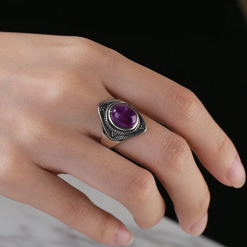 Vintage 8x10MM Natural Oval Amethyst Rings 925 Silver Fine Jewelry for Women Anniversary Party Birthday Gift - Image 2