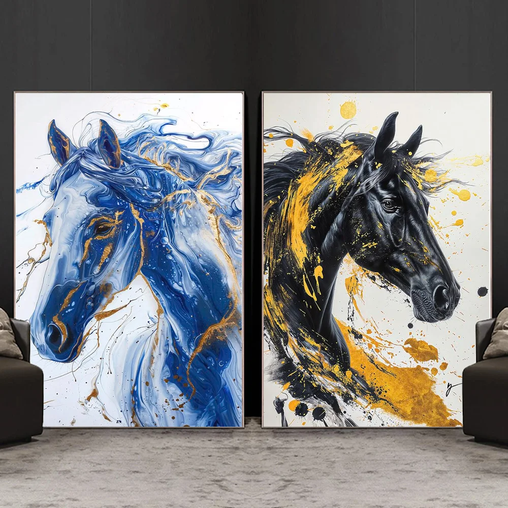 

Abstract Ink Blue And Gold Horse Aesthetic Posters Print Modern Light Luxury Animal Canvas Painting Living Room Porch Home Decor