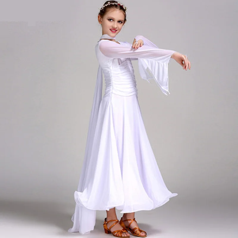 Vestido de baile de salón de competición estándar de manga larga de gasa para niñas y niños de una pieza moderno/valsa/baile latino/ropa de baile