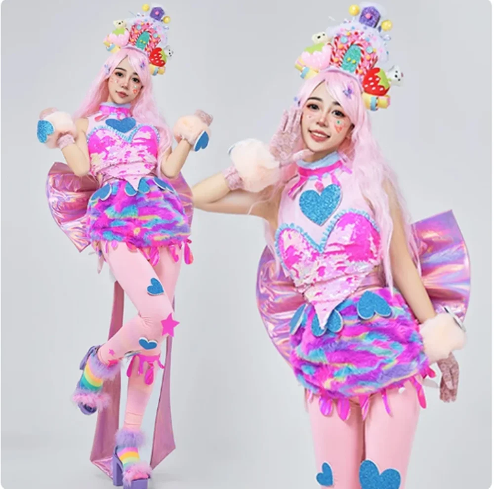 Snoep Kleur Gogo Danser Prestaties Slijtage Vrouwen Mooie Jazz Dans Kleding Pailletten Tops Pluche Rok Hoofddeksels Carnaval Pak