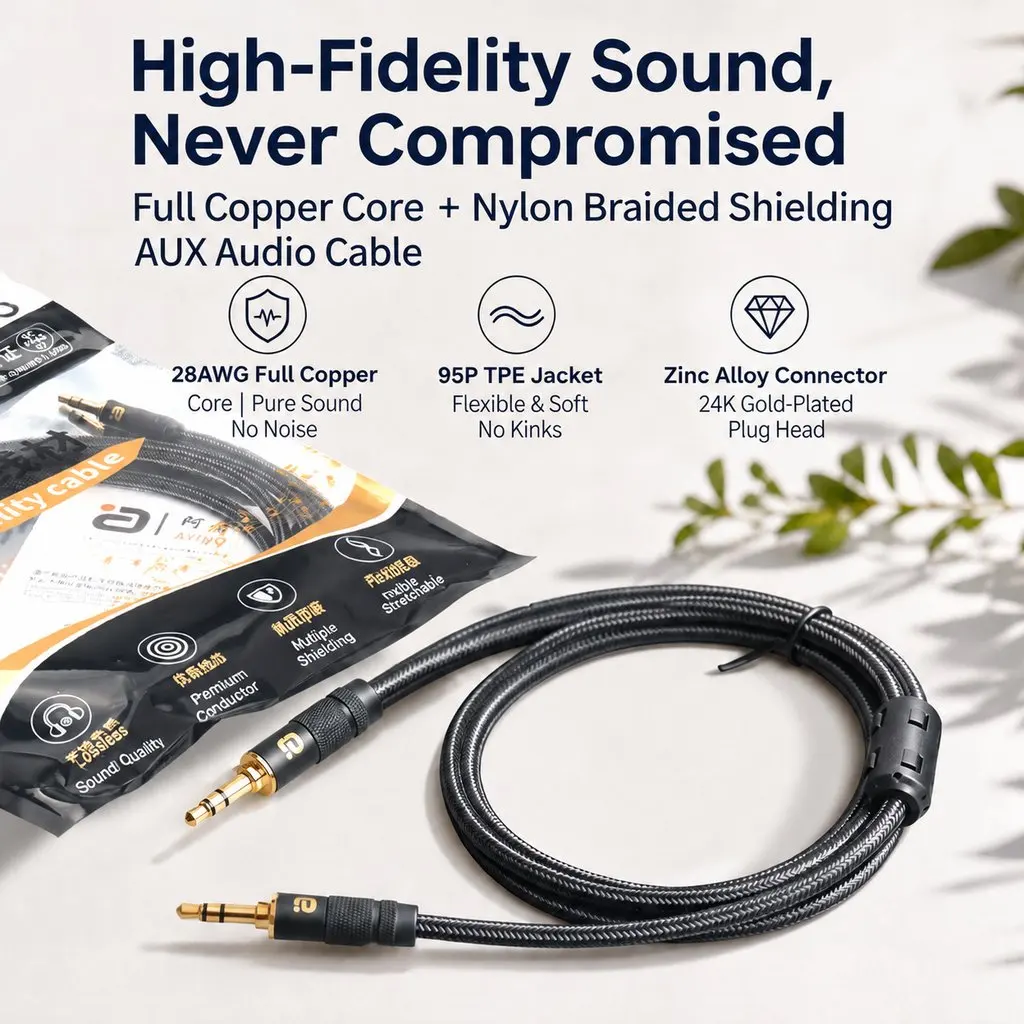 Premium 3.5mm AUX Audio Cable, Triple Shielded with Ferrite Core & Gold Plated Connectors for Car, PC, Hi-Fi Speakers