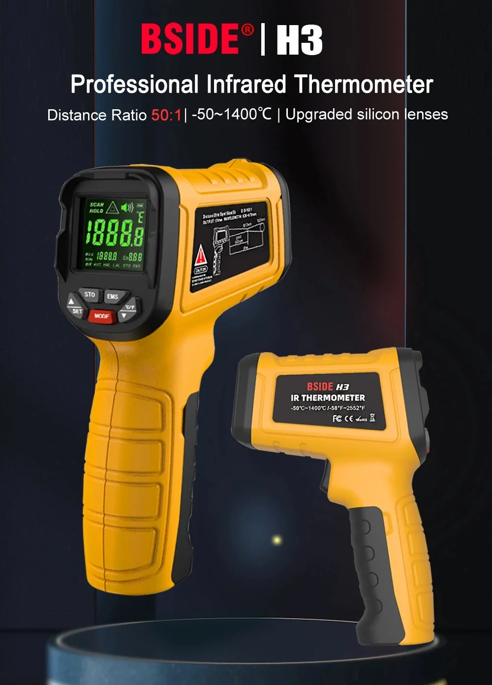 BSIDE Infrared Thermometer -50~530/1400C Professional Digital IR-LCD Temperature Meter Non-contact Laser Thermometers Pyrometer