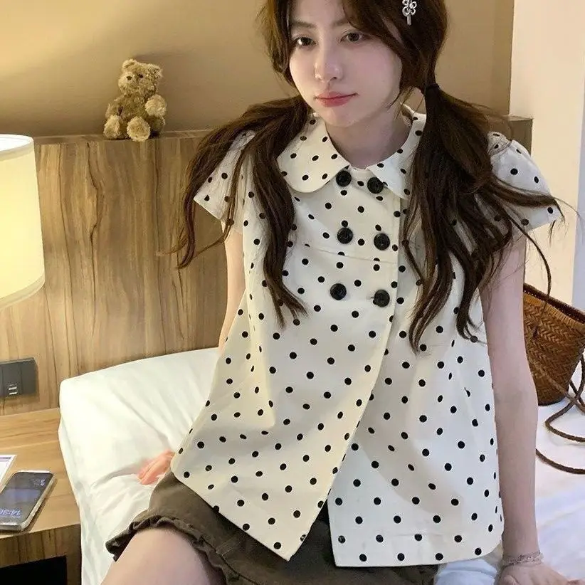Y2k Japanese Fairy T-shirt Summer Sweet Blouse Women's Clothes Streetwear Peter Pan Collar Tees Polka Dot Vintage Slim Shirt