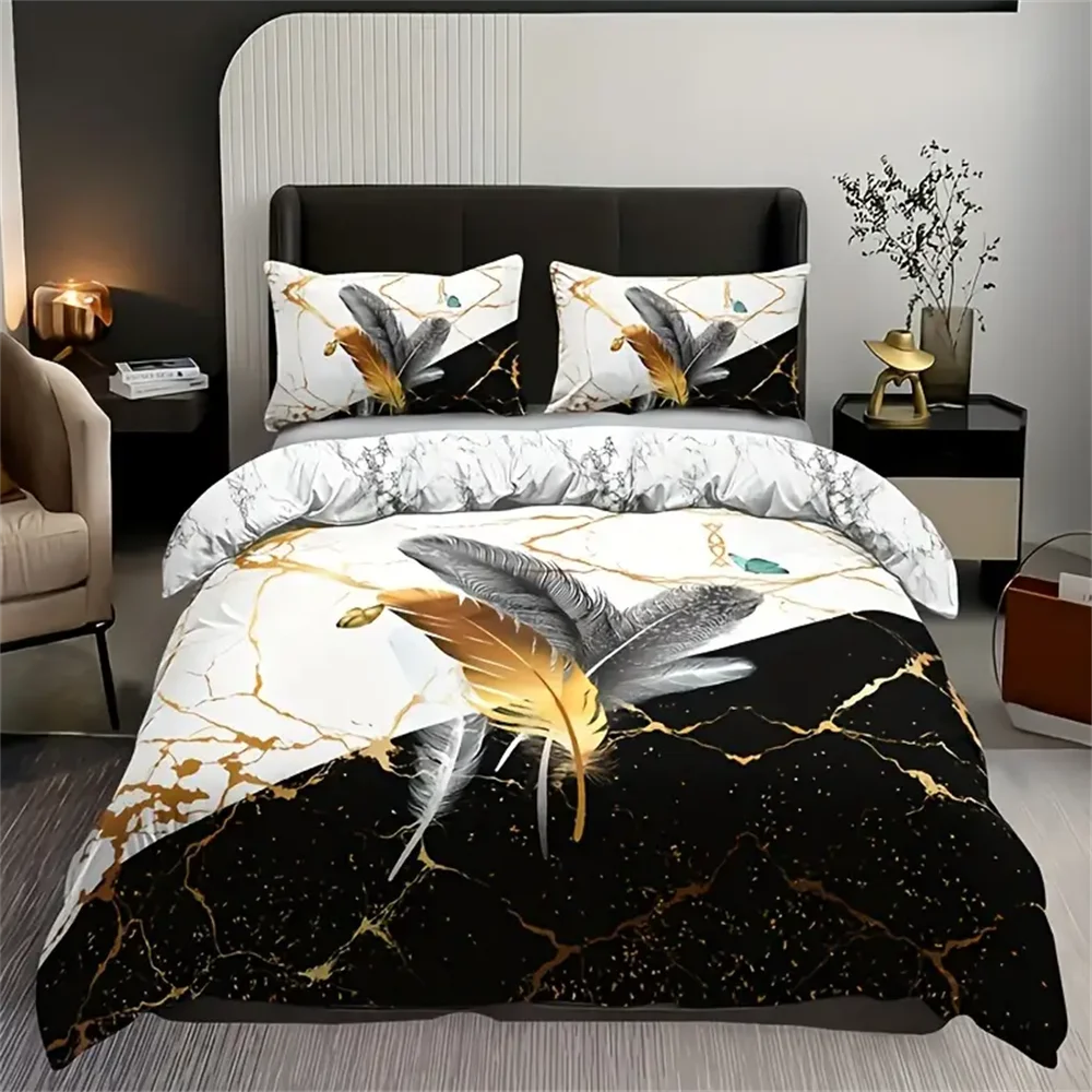 Luxurious Marble Feather Print Duvet Cover Set - Soft, Breathable, And Comfortable Bedding For All Seasons