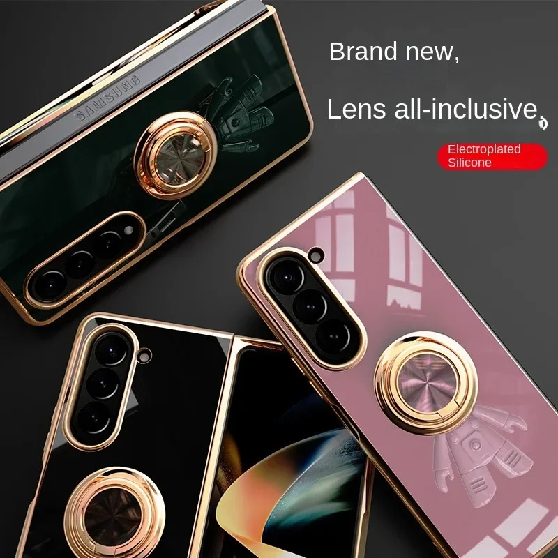 Electroplating 6D Astronaut Phone Case for Samsung Galaxy Z Fold 7 6 5 4 Fold6 Fold5 Fold4 Magnetic Ring Holder Shockproof Cover