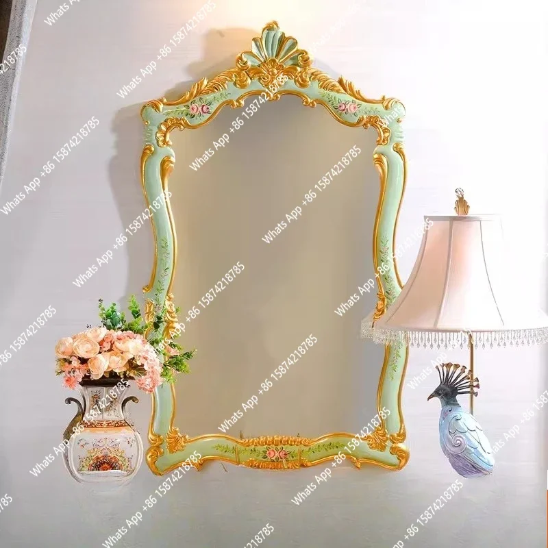 ZL French hand-painted wooden carved makeup mirror porch luxury multi-layer hand-painted turquoise foyer bedroom decorative mirr