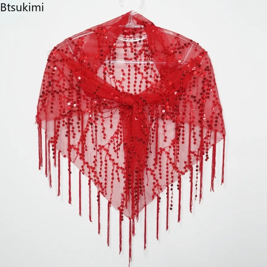 Retro Dress Banquet Sheer Mesh Shawl Sequin Tassels Cloak Formal Wedding Prom Evening Party Cape Wrap Ladies Dresses Accessories