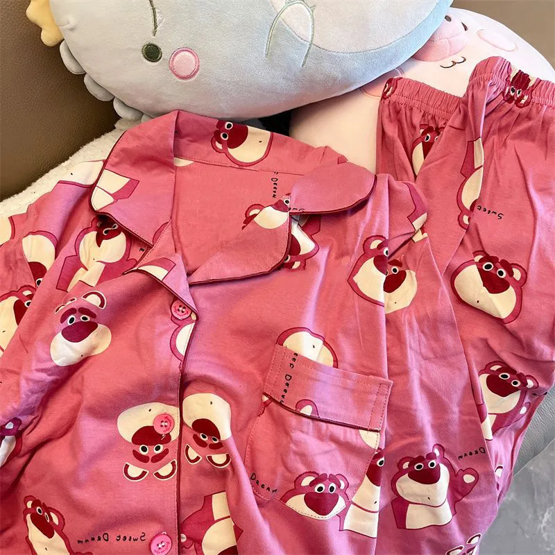 Disney Cartoon Strawberry Bear Home Outfit Women's Long Sleeved Pants Pijama Sleepwear for Sleeping Pajama Sets