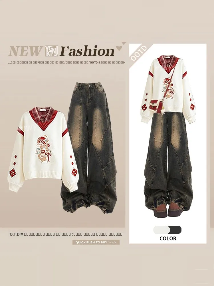 

Потрясающий комплект из вышитого свитера с V-образным вырезом и джинсов: женский свободный весенний модный ансамбль с длинными рукавами, трикотажный комплект