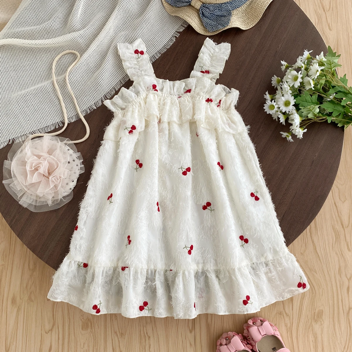 Girls Princess Dresses Summer Children's Clothing Cherry Embroidered Black Fungal Edge Strap Dress Comfortable Kids Costume