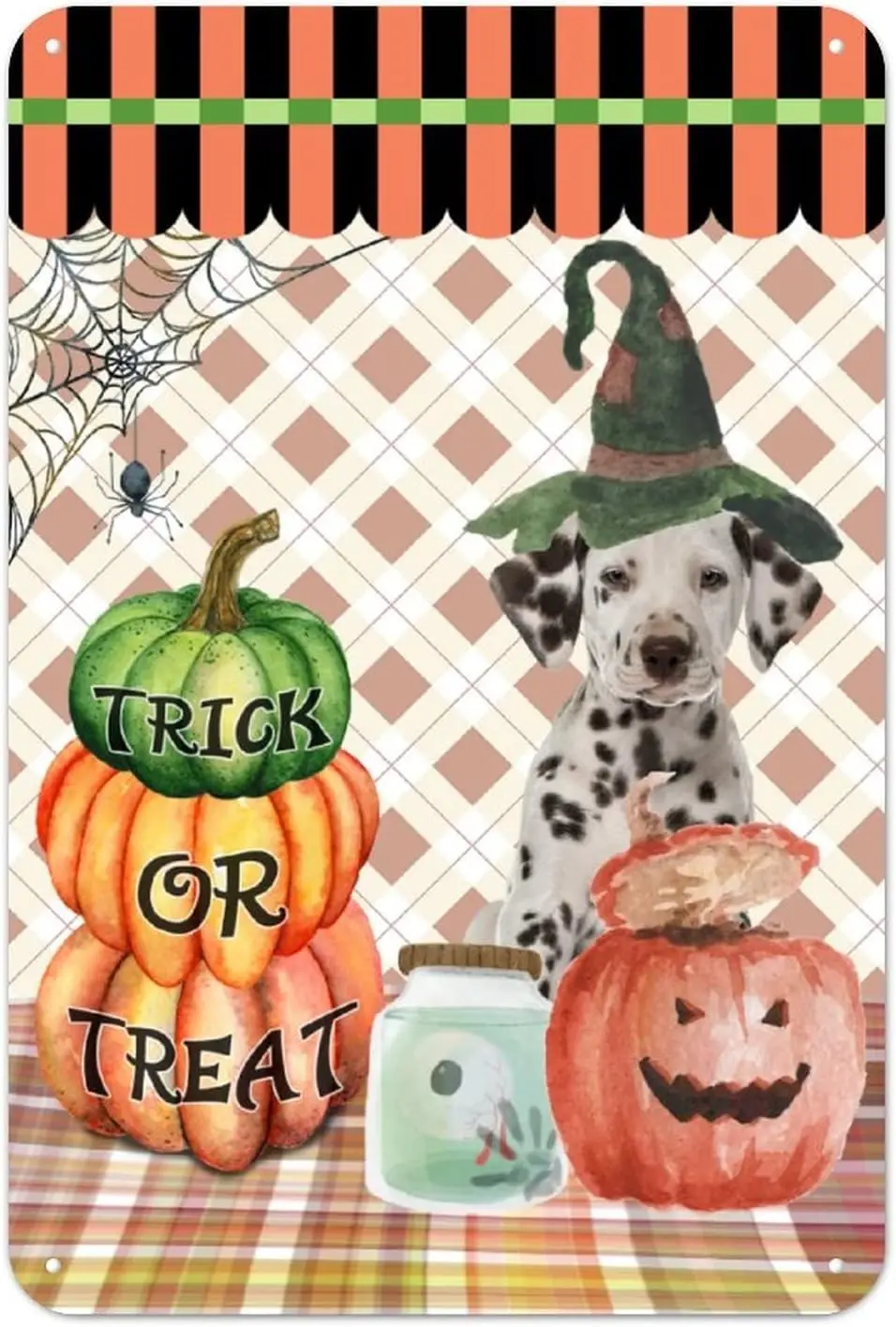 할로윈 트릭 오어 트리트먼트 호박 주석 사인 스파이더 웹, 금속 주석 사인, 녹슬지 않는 모던 벽 장식 아트, 12x8 인치 가을 환영