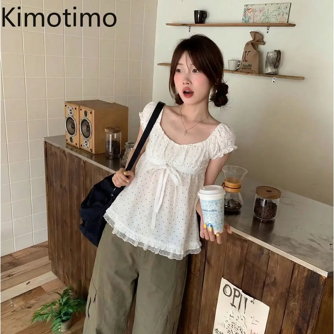 Kimotimo Sweet Polka Dot Bow Bandage Shirt Women Japanese Cute Puff Sleeve Lace Ruffle Tops Summer Fashion Y2k Aesthetic Blouse